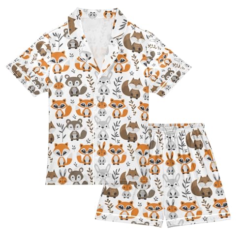 senya Animal Fox Satin Summer Pajama Sets Silk Short Sleeve Button Down Sleepwear