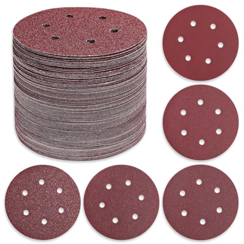 110 PCS 6 Inch 6-Hole Sanding Discs Round Hook and Loop Sandpaper