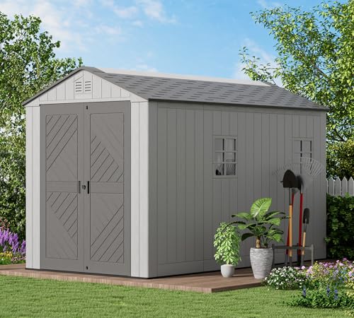 Image of KINYING 6x11 FT Outdoor Storage Shed with Floor,Resin Outdoor Garden Tool Shed with Windows,Lockable Weather Resistant Large Plastic Shed for Bike Storage,Lawn Mower,Pool Supplies