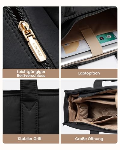 LOVEVOOK Handtasche Damen Groß, Puffer Laptoptasche 15,6 Zoll Shopper Tasche Arbeitstasche Aktentasche, Tote Bag Women Handbag Lehrertasche Schultasche Schultertasche für Uni Business Schule, Schwarz