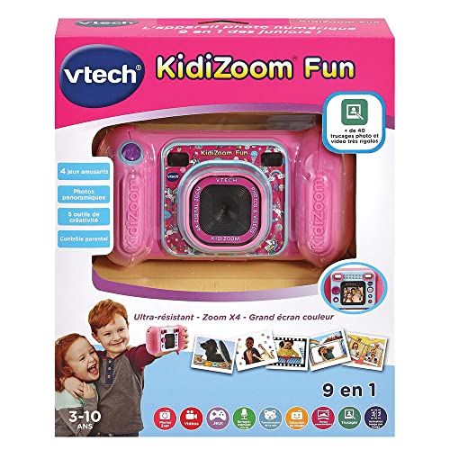 VTech - KidiZoom Fun Rose, Appareil Photo Numérique Enfant 9 en 1, Photos et Vidéos, Écran Couleur, Filtres, Cadres et Effets Rigolos, Cadeau Enfant de 3 Ans à 10 Ans - Contenu en Français