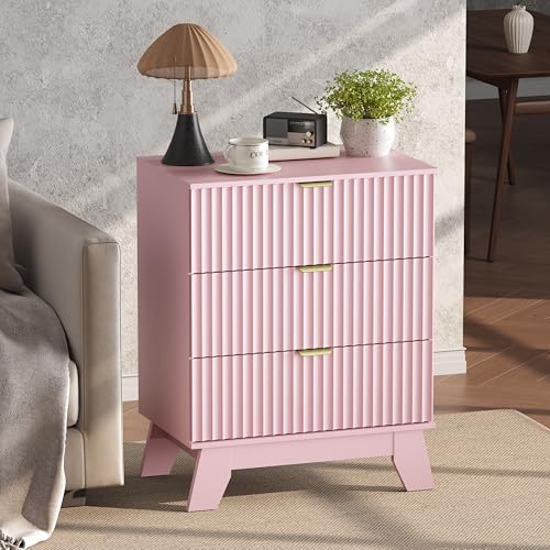 Image of Wodeer Night Stand Set 2, Bedside Table & End Table, Mid Century Modern Fluted Wood Nightstand with 3 Drawers & Metal Handles, Farmhouse Nightstand for Bedroom, Pink