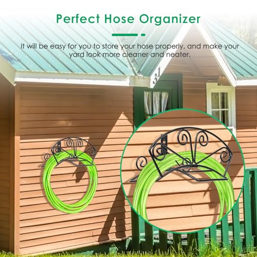 Image of TomCare Garden Hose Holder Heavy Duty Water Hose Holder Solid Metal Hose Hanger Wall Mount Decorative Durable Garden Hose Storage Hose Reel Hose Organizer for Outside Yard, Black