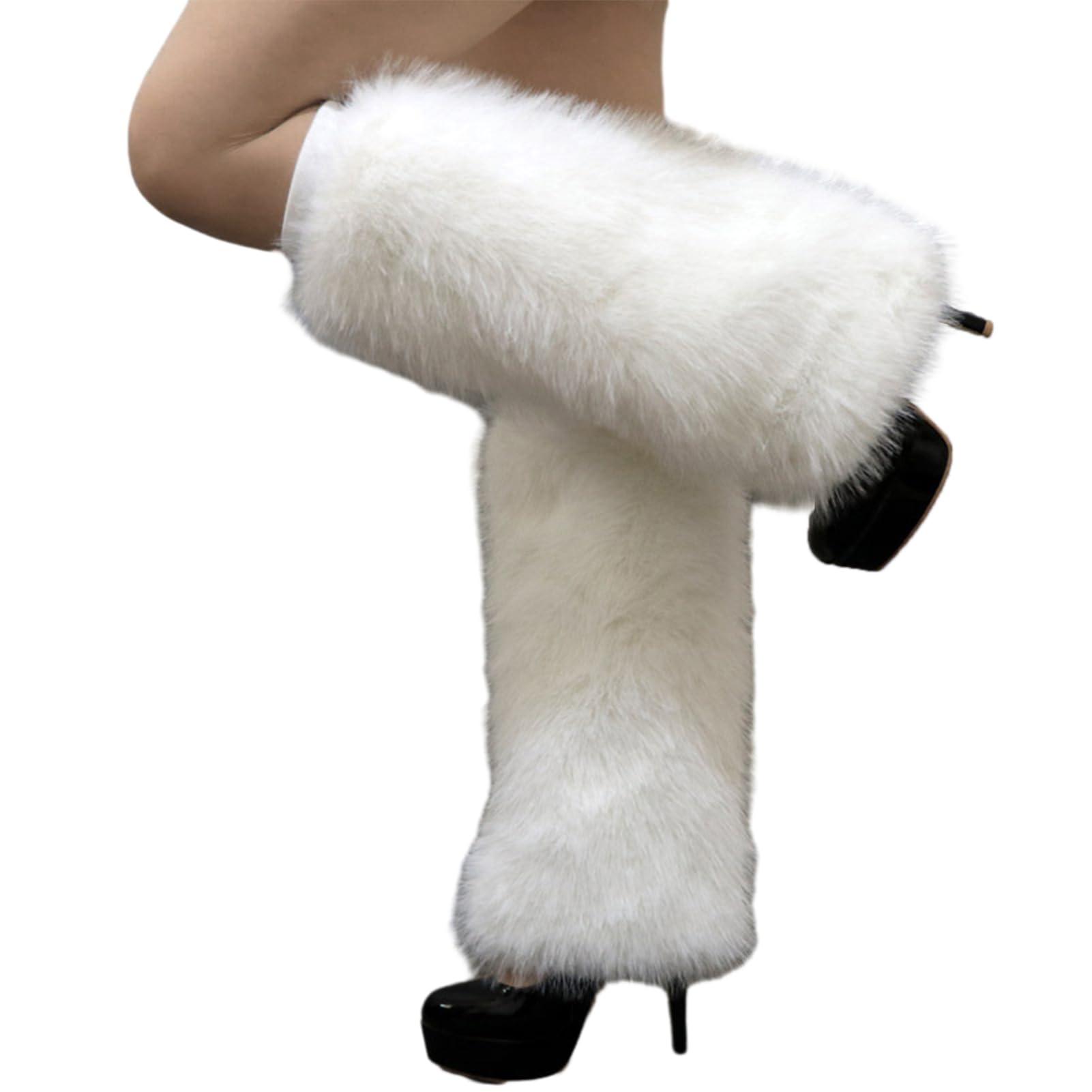 Ulafbwur Women's White Plush Leg Warmers 1 Pair Imitation Fox Fur Leg Warmers Solid Color Elastic Furry Boot Covers, 30 Cm
