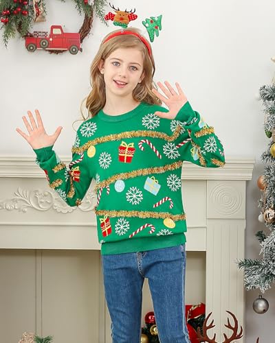 Lovekider 7-14 Years Girls Ugly Christmas Sweater for Kids Tinsel Garland Embellished Holiday Knit Pullovers3