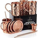 Komplettes 13 Teiliges Set – Ihr Kupferbecherset umfasst alles was Sie zum Genießen eines echten Moscow Mule brauchen. Ihr Set enthält 4 x 16oz gehämmerte Kupferbecher. Sie erhalten auch 4 x nahtlose Kupferstrohhalme, 4 x Kupferuntersetzer und ein 2oz Kupfershotglas zum Portionieren.