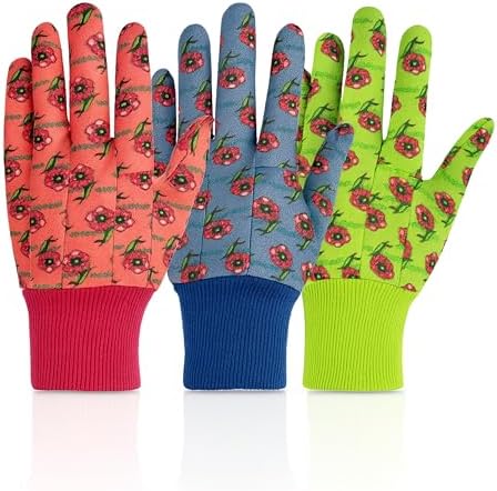 G & F Products JustForKids Garden Gloves, Soft Cotton Kids Work Gloves with Knit Wrist, Assorted Colors Red/Green/Blue