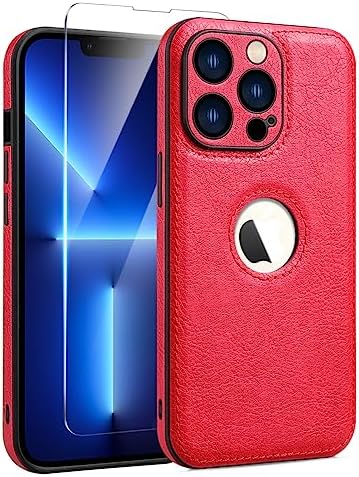 SunRemex Logo Visible for iPhone 13 Pro Max Case with Tempered Glass Screen Protector, Non-Slip Grip Vegan Leather Classic Luxury Elegant Thin Cover for iPhone 13 Pro Max (6.7") (Red)