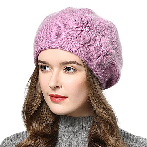 Rabbit Fur Beret Hat French Beret Cap Winter Warm Flowers Pearls Beanie Artist Painter Hat For Women Lady (Purple) #TOP26