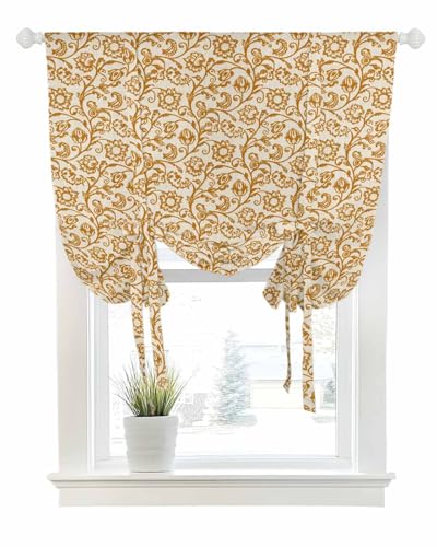 Tie Up Curtains for Windows Abstract Flowers Pattern Rod Pocket Tie-Up Window Shade Adjustable Balloon Curtain Valance Retro Brown Floral Art for Bedroom Kitchen Bathroom Blinds,52x45in