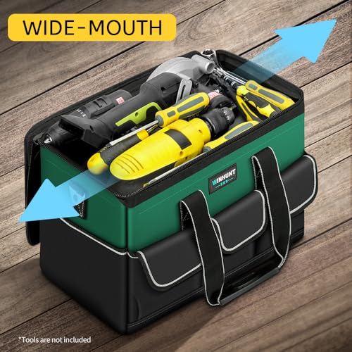 WINHUNT Tool Bag, 15-inch Wide Mouth Tool Organiser, 600 Denier with 6 Interior 8 Exterior Pockets Electricians Tool Bag for Home DIY & Equipment Storage, Green and Black (15 inch) - Image 7