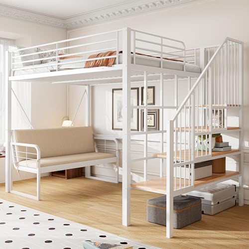 luckdect Lit Mezzanine 140x200, lit superposé Double en Fer avec canapé-lit Amovible, Espace de Rangement et échelle de sécurité, lit Mezzanine 2 Places pour Les familles Nombreuses