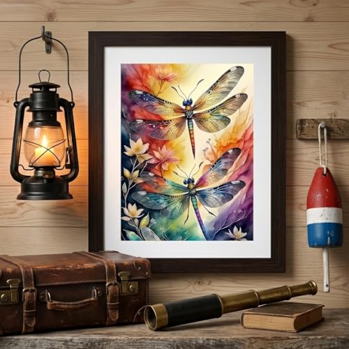 Image of HASTHIP DIY Diamond Painting Kit, Colorful Dragonfly DIY Diamond Art Canvas with Resin Rhinestones, Watercolor Floral Full Drill Craft Set, Sparkling Wall Decor Handmade Gift Kit, 40x30cm, No Frame