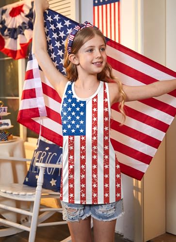 Image of 4th of July Girls Flag Tank Top Back Bow Sleeveless Patriotic Holidays T-Shirt 4-14 Years