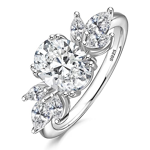 Image of Bonlavie 925 Sterling Silver Ring for Women, Oval Cluster April Birthstone Ring, Rhodium Plated Bridal Engagement Wedding Band, Size L 1/2