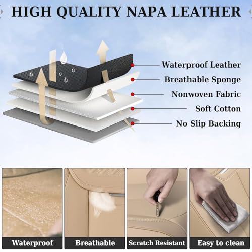 Image of Coverado Seat Covers, Car Seat Covers Front Seats, Beige Nappa Leather Car Seat Covers, 2 Pack Waterproof Front Seat Covers, Breathable Leather Seat Cushion Universal Fit Most Cars Trucks