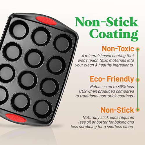 Nutrichef 15-Piece Baking Pan Set - Pfoa, Pfos, Ptfe Free Flexible Nonstick Black Coating Carbon Steel Bakeware - Professional Home Kitchen Bake Cookie Sheet Stackable Tray W/Red Silicone Handles #TOP3