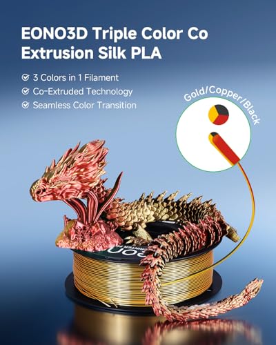 Image of Silk Tri-Color PLA Filament 1.75mm, Coextruded 3D Printer Filament, Color Changing Rainbow Silk PLA, Ultra Glossy Multicolor Printing PLA, Tangle Free, ±0.03mm, 1KG Spool, Gold Copper Black