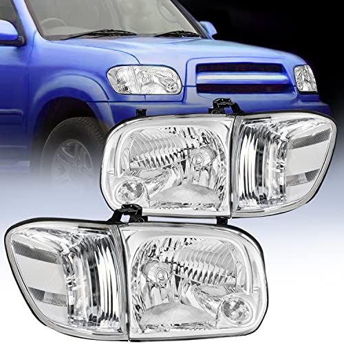 Image of Nilight Headlight Assembly Compatible for 2005 2006 Toyota Tundra 4 Door Double Crew Cab 2007 Sequoia Pickup Replacement Chrome Housing Clear Reflector Driver Passenger Side