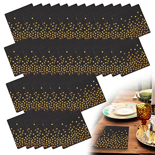 ZoeTekway Serviettes en papier noir doré à pois dorés - 33 x 33 cm - Pour anniversaire, mariage, dîner et décoration de fête (40 feuilles)