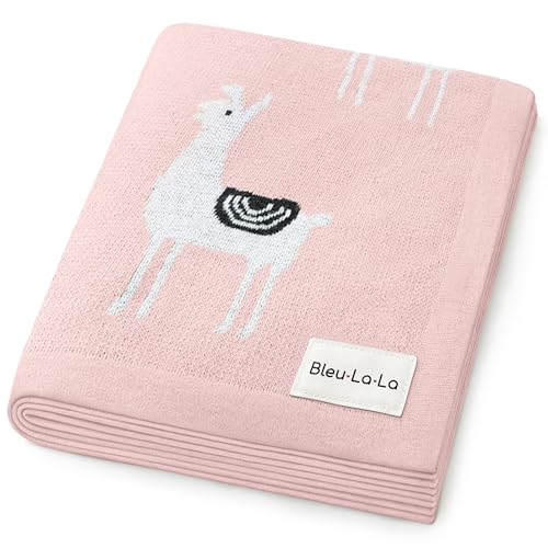 Image of Bleu La La Knit Swaddling Baby Blanket - 100% Fine Loomed Cotton Cozy Receiving Cuddle Stroller Crib Swaddling Stroller Swaddle Quilt Blanket for Newborns Infants Toddler Boys and Girls (Llama - Pink)