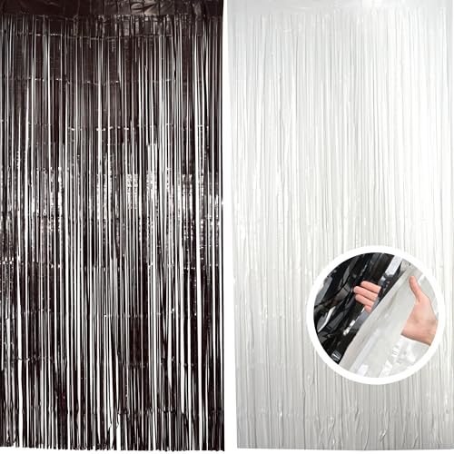 Image of Hampton Distribution 2 Pack Black & White Streamers Party Backdrop, 39 inchW x 78 inchL Modern Foil Fringe Curtains, Black & White, Holiday Theme