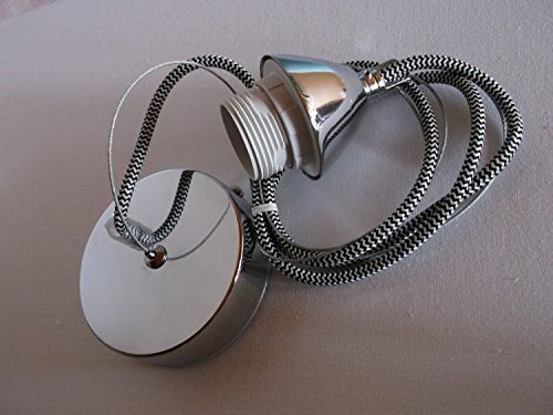 Preisvergleich Produktbild Pendelleuchtenaufhängung E27, max 60W, 120 cm, Baldachin Metall verchromt, Stahlseil, Textilkabel in vielen Farben (schwarzweiss)
