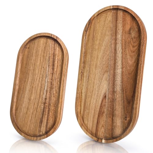 Elsjoy Set of 2 Acacia Wood Serving Trays, Long Wooden Serving Platter Oval Charcuterie Board Set...