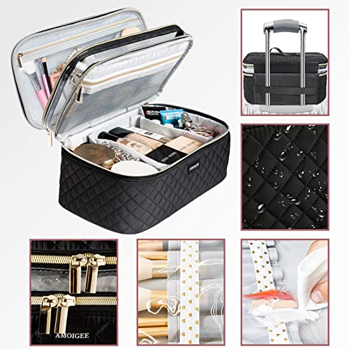 Amoigee Large Makeup Bag, Travel Makeup Bag Organizer, Double Layer Train Case Makeup Bag, Toiletry Bag For Makeup Brushes, Full Size Bottles, Palettes Sponge, Cosmetic Organizer, Black #TOP4