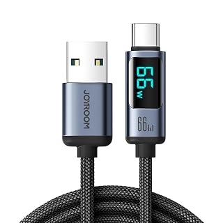 صورة كابل شحن ونقل بيانات USB-C من جويروم (Joyroom) بطول 1.2 متر مزود بشاشة رقمية لعرض قدرة الشحن – تيار 6 أمبير وشحن سريع (أسود)