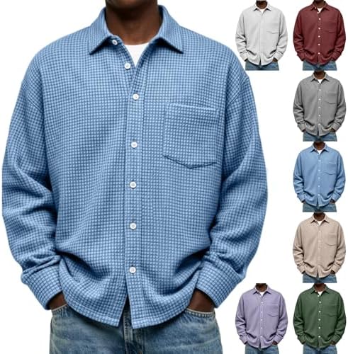 Button Down Corn Plaid Shirt Men Lapel Long Sleeve Oversized Shirts Lightweight Loose Plain Shirts with Pocket Spring