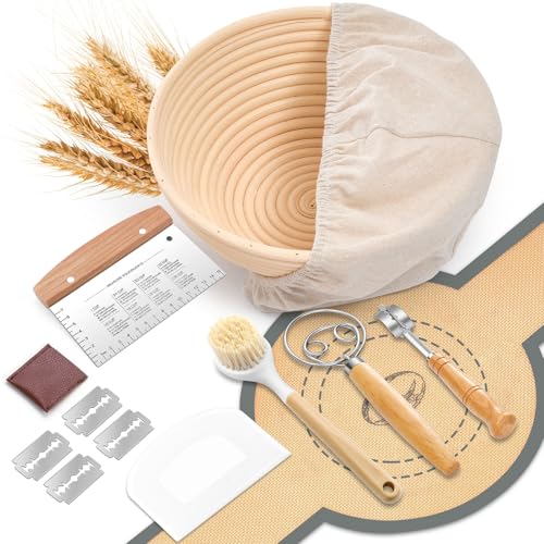 P&P CHEF Complete Sourdough Starter Kit, Sourdough Bread Baking Supplies Set, 9'' Round Bread Proofing Basket with Other Dough Making Tools, Ideal for Bread Making Baking Fermentation
