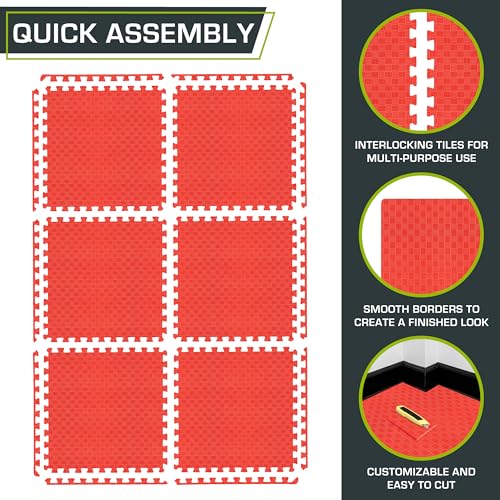 Image of ProsourceFit Exercise Puzzle Mat 1-inch, Checkered EVA Foam Floor Tiles w /Non-Slip Texture, Interlocking Design for Adjustable Gym Surfaces, Shock Absorbing, Red, 24 SQ FT - 6 Tiles