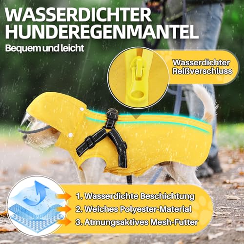 Eyein Hunderegenmantel, Wasserdichter Regenmantel mit Abnehmbarer Kapuze und Brustgeschirre, Reflektierender Hunde Regenmantel mit Atmungsaktives Netzfutter für kleine Mittelgroße und große Hunde, S