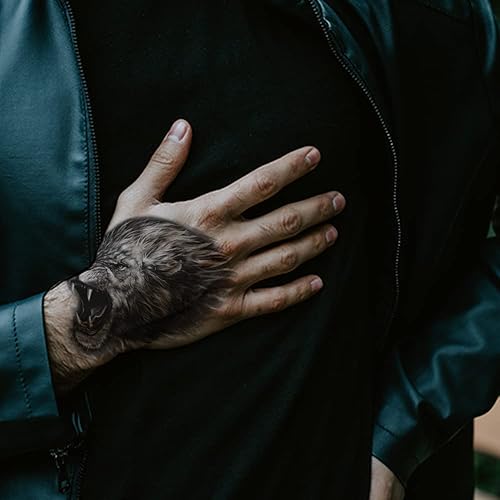 Miniatura 4 de Oottati 4 hojas de calcomanías de tatuajes temporales de mano y espalda falsas, impermeables, para Halloween, oso rugido, tigre y león