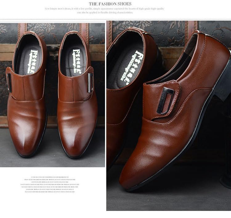 Mokcoliy]【Business Oxford Shoes Men's Pointed Toe Dress Shoes with Breathable PU Upper, Formal Office Shoes for Business Trips, Non-Slip Comfortable Footwear for Weddings & Casual Events Brown4