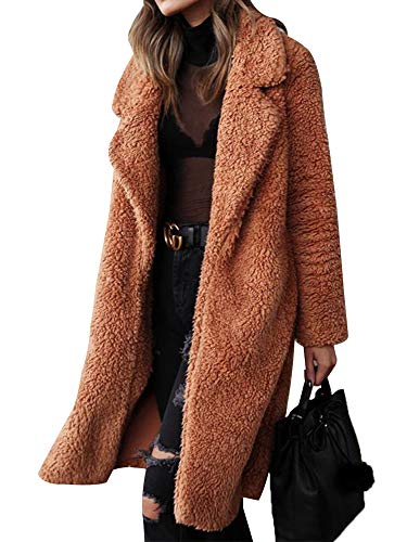 Women's Fuzzy Fleece Lapel Open Front Long Cardigan Coat Faux Fur Warm Winter Outwear Jackets with Pockets (Brown, Medium)