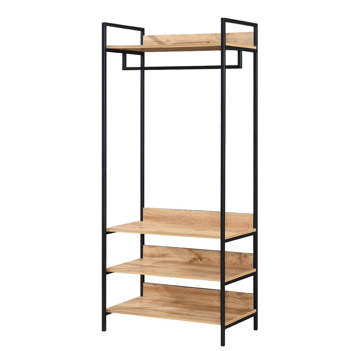 Swish Furniture Alva Open Wardrobe with 4 Shelves Oak and Black Metal Frame, Freestanding Wardrobe, Hanging Clothes Rail, 180H x 42.5D x 80Wcm, Clothes Rail Heavy Duty