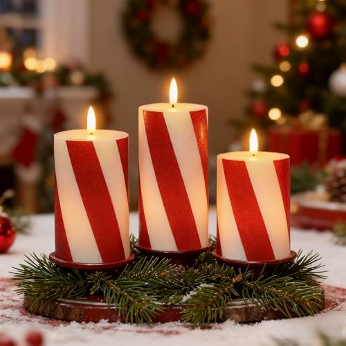 Image of Eldnacele Christmas Candy Cane Stripe Flameless Candles with Remote and Timer, Battery Operated 3D Wick Flickering Real Wax Stripe Glitter Pillar LED Candles Holiday Xmas Decor (3Pcs, D3xH4 /5 inch /6 inch)