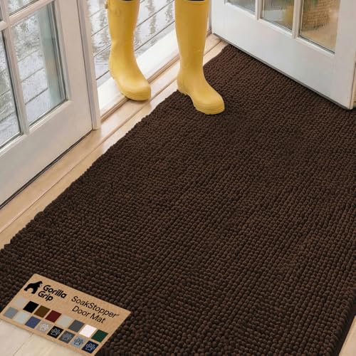 Image of GORILLA GRIP SoakSTOPPER Dog Door Mat, 60x36 Machine Washable Rug Absorbent Doormat Captures Moisture Mud Dirt, Quick Dry Soft Chenille Entryway Rugs Indoor Entrance Mats for Dog Paws, Brown