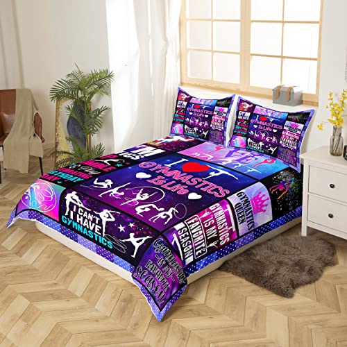 Gymnastics Lovers Girls Duvet Cover Set Twin Size,Vibrant Cheerleader Silhouette Bedding 2Pcs For Kids Teens Woman Room Decor,Plaid Patchwork Comforter Cover,Purple Colorful Quilt Cover,1 Pillowcase #TOP2