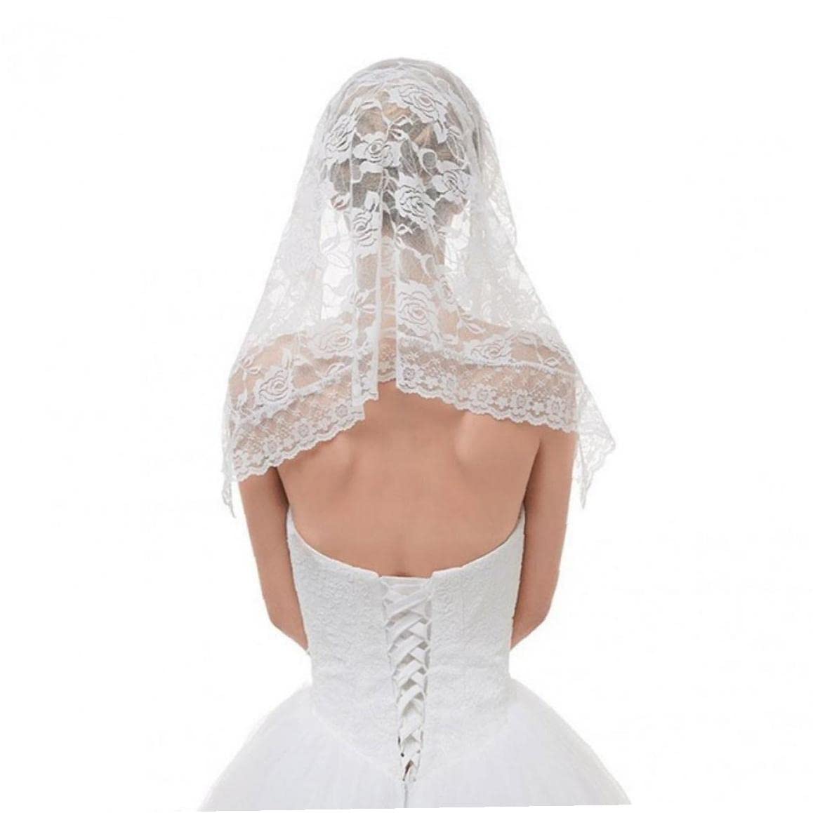 Casiler Women's White Chapel Veil Spanish Style Lace Mantilla Veil Short Shawl Triangle Scarf Traditional Catholic Head Cover