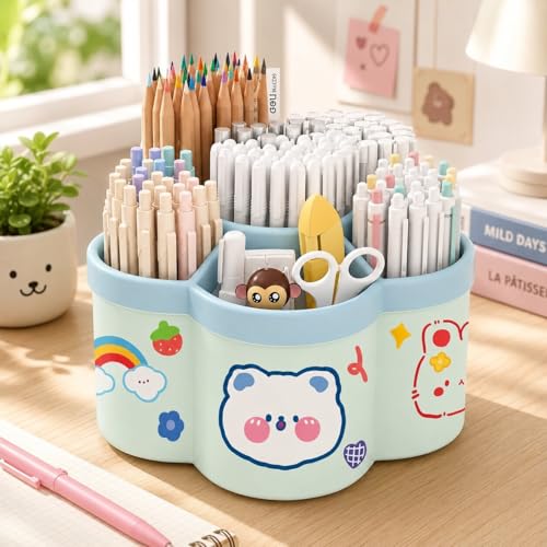 Image of Sumiko Sumiko 360 Degree Rotating Pen Holder Desk School Study Stationery Gift for Students Organiser with Pen and Pencil Holders Pen and Pencil Stationary Storage Plastic Storage Box (GREEN)