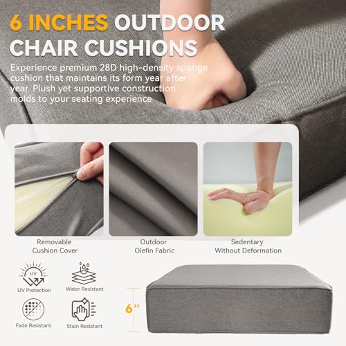 Image of Outdoor Cushion Set for Patio Furniture, UV Resistant, Water Resistant - 6 Inch Thick Foam Garden Cushions- 24x24 Inch Patio Seat Covers for Chair /Sofa /Couch | Grey | 10-Pack |