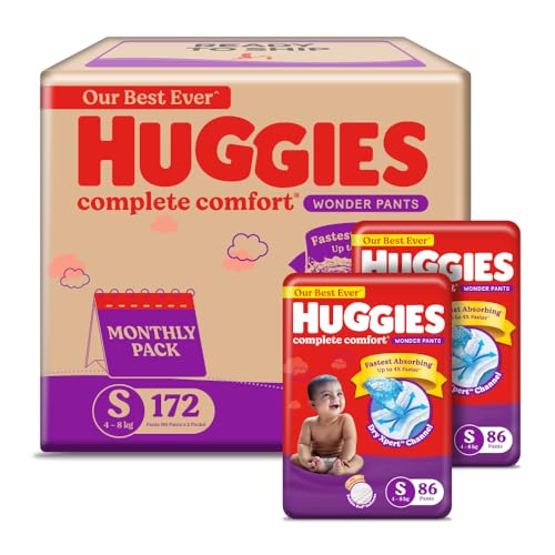 Image of Huggies Complete Comfort Wonder Pants | Pant Style Baby Diapers S Size, 172 Count | India's Fastest Absorbing Diaper, Patented Dry Xpert Channel, Ideal for 4 to 8 Kgs (Pack of 2)