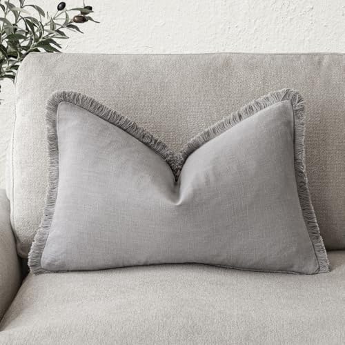 Image of Foindtower Decorative Linen Fringe Lumbar Throw Pillow Covers Cozy Boho Farmhouse Cushion Cover with Tassel Accent Pillowcase for Sofa Bed Living Room Home Decor, 12x20 Inch, 1PC,Light Rustic Gray