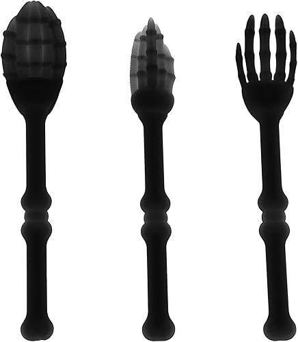 DOITOOL Juego de vajilla Decoración de mesa negra, utensilios para servir (1 juego) Vajilla de esqueleto de Halloween Tenedores y cucharas