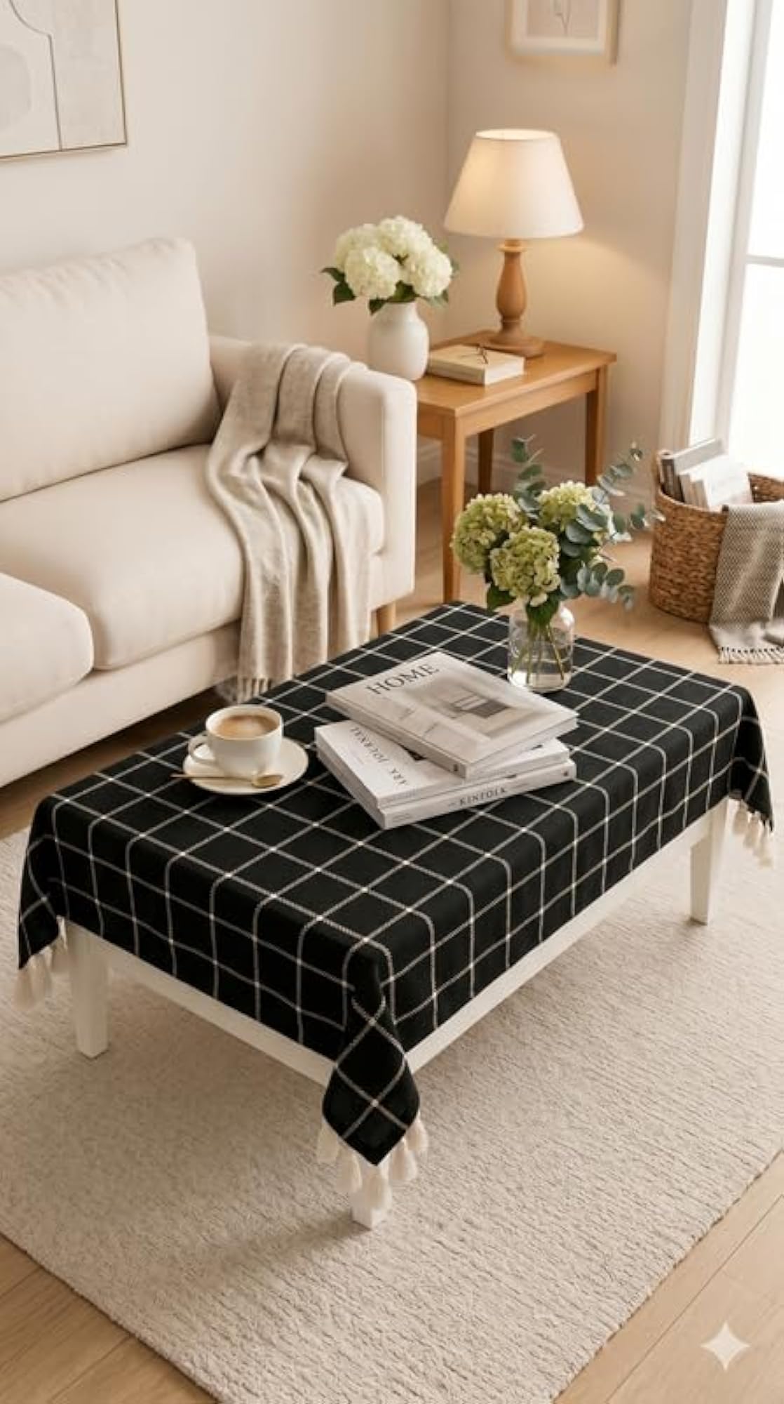 Black Window Pane Scandinavian Minimal Cotton Tassel Trim Dining Table Cover