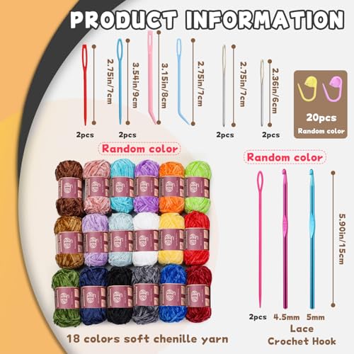 Image of LUNARM Chenille Yarn for Crochet Knitting Chunky Blanket Velvet Yarn | 18 Pack 100g /3.5oz Multicolor Series Thick Soft Yarn for Beginners Knitting Fluffy Weaving Plush Scarves with Big Eye Needles