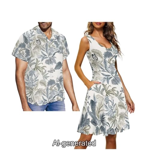 Image of Dreaweet Summer Dresses for Women A-Line Sleeveless Flowy Sun Dresses,Men's Casual Button-Down Shirts,Couple Matching Outfits